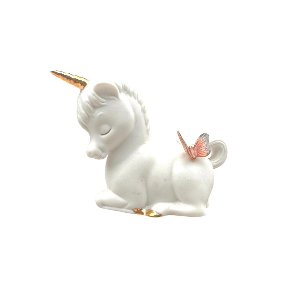 Vintage Enesco Porcelain Bisque Unicorn  With Butterfly Whimsical